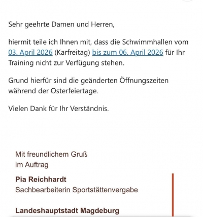 Vom 03. April bis zum 6. April 2026 kein Training